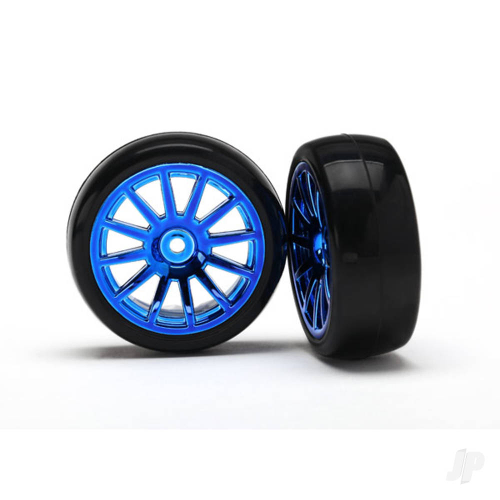 Traxxas Tyres & wheels, assembled, glued (12-spoke Blue Chrome wheels, slick tyres) (2)