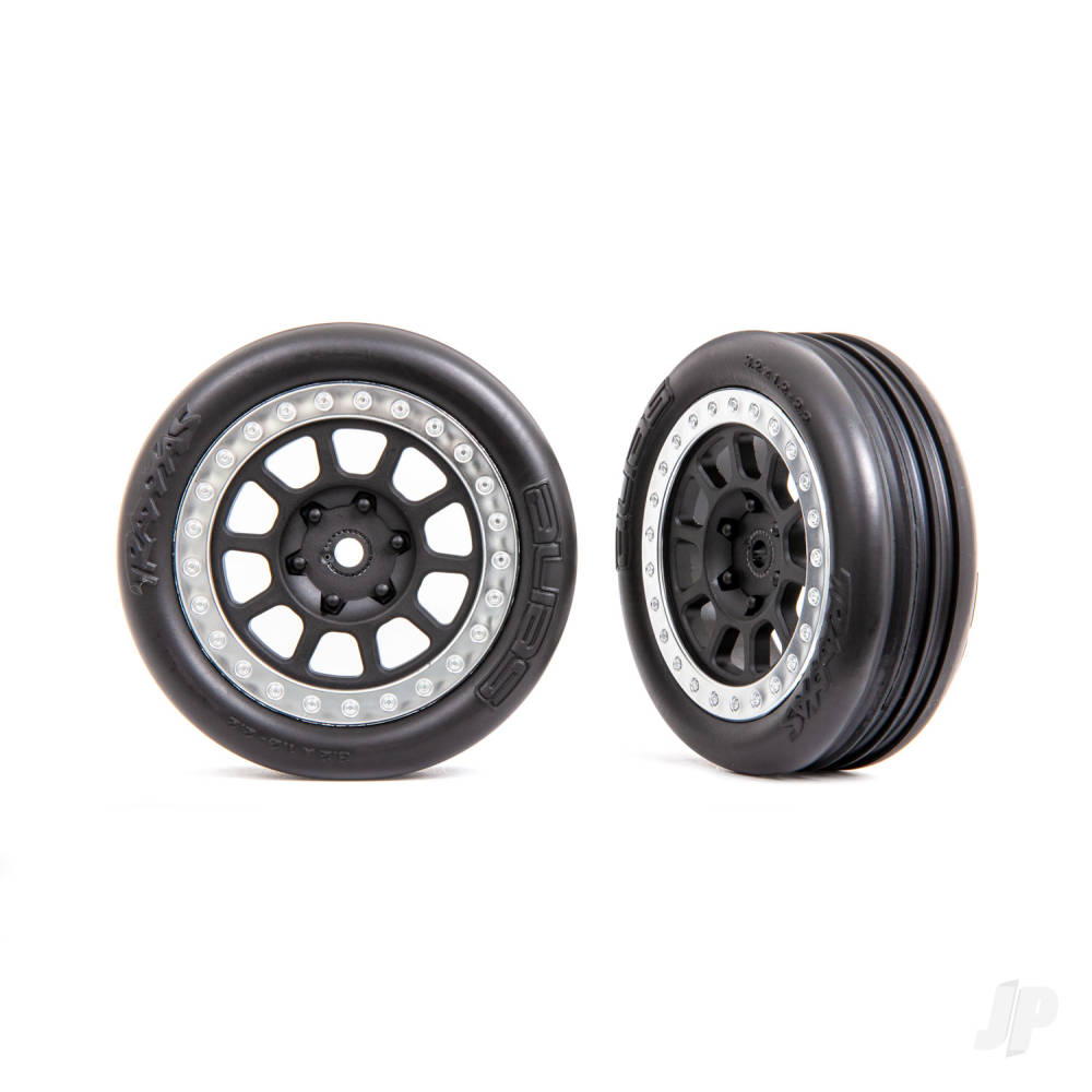 traxxas-tyres-wheels-assembled-22in-graphite-grey-satin-chrome-beadlock-wheels-alias-ribbed-22in-tyres-2-bandit-front-medium-compound-with-foam-inserts