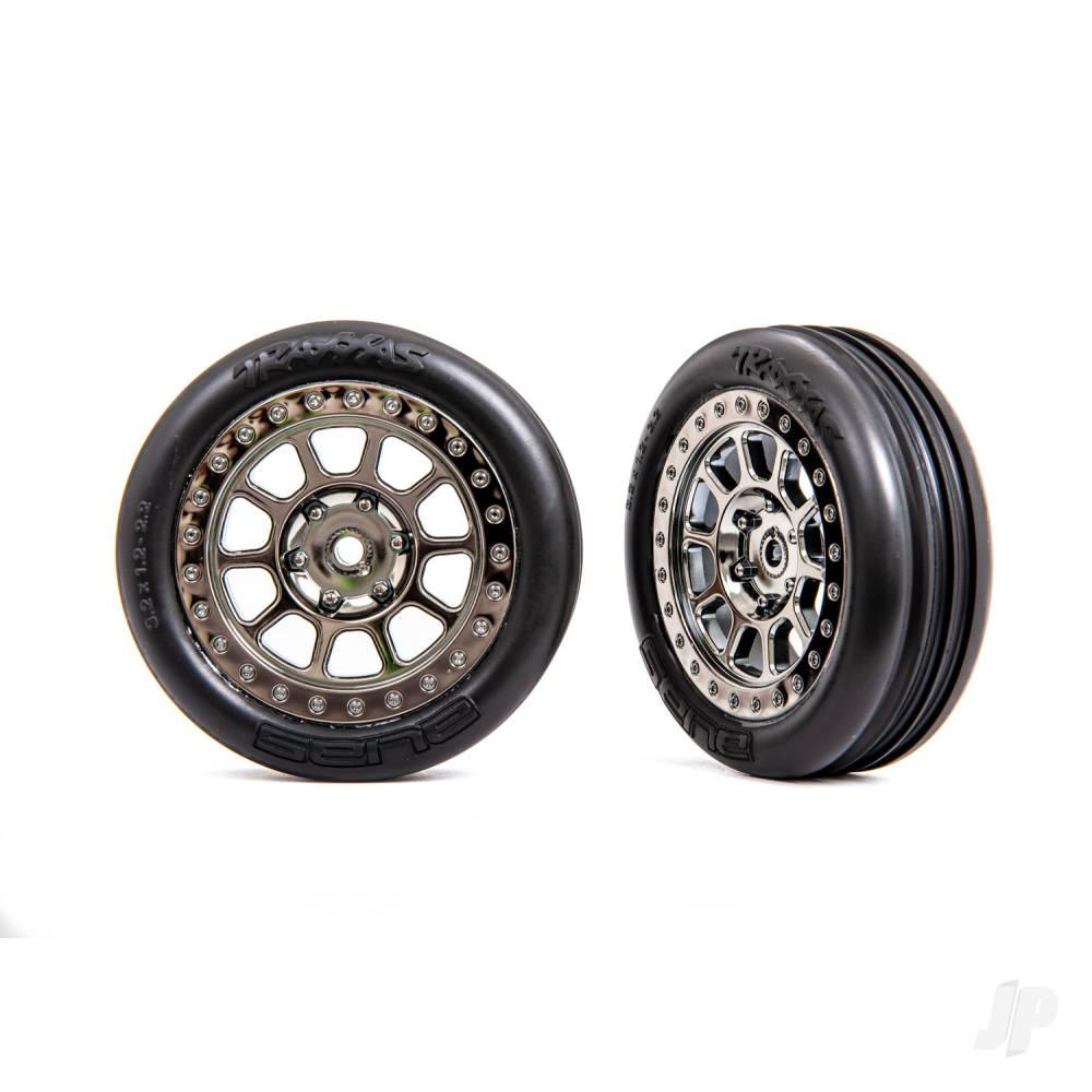 Traxxas Tyres & Wheels, Assembled (2.2in Black Chrome wheels, Alias ribbed 2.2in Tyres) (2) (Bandit front, medium compound w/ foam inserts)