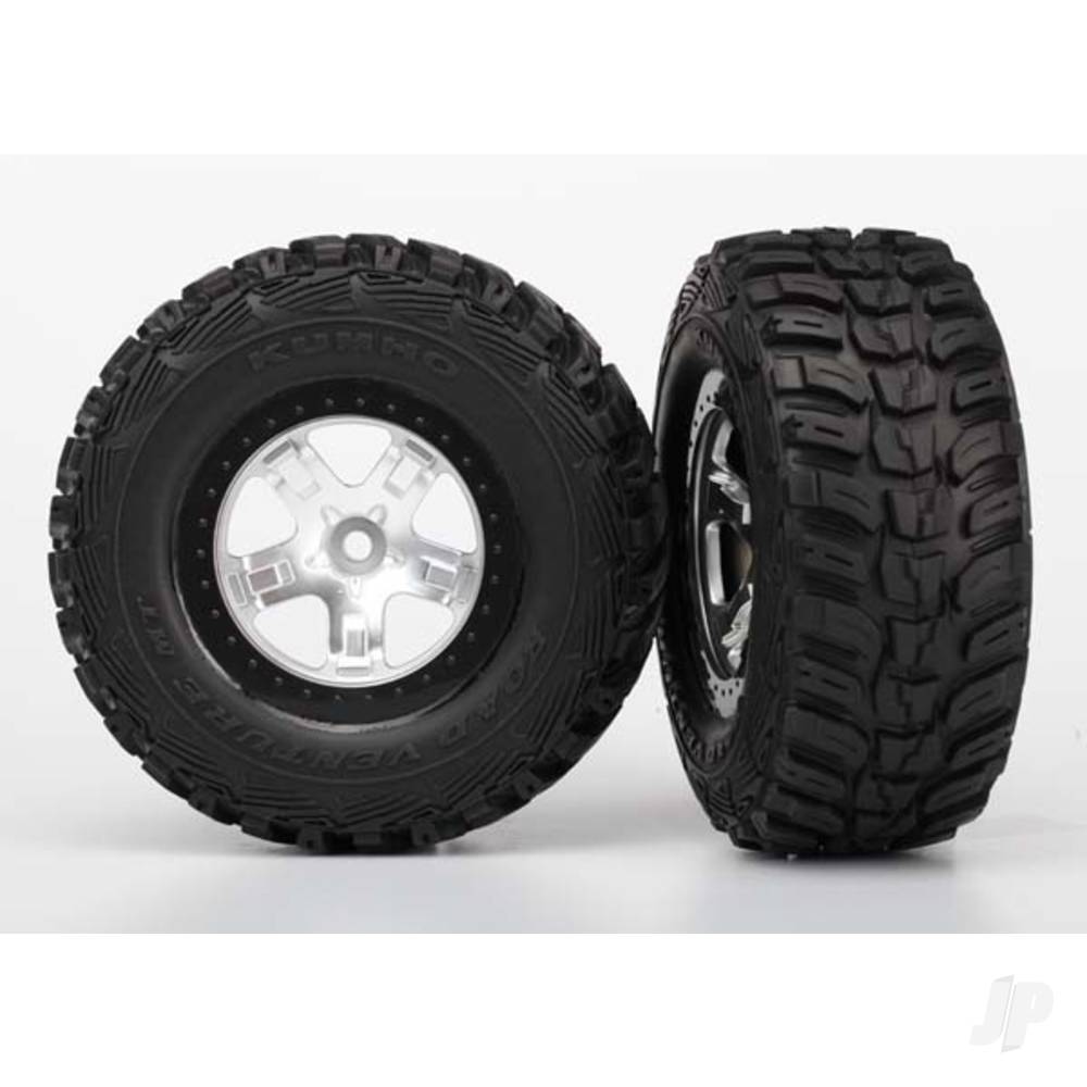 traxxas-tyre-wheel-assembly-glued-sct-satin-chrome-black-beadlock-style-wheels-kumho-tyres-foam-inserts-2-4wd-frontrear-2wd-rear-only