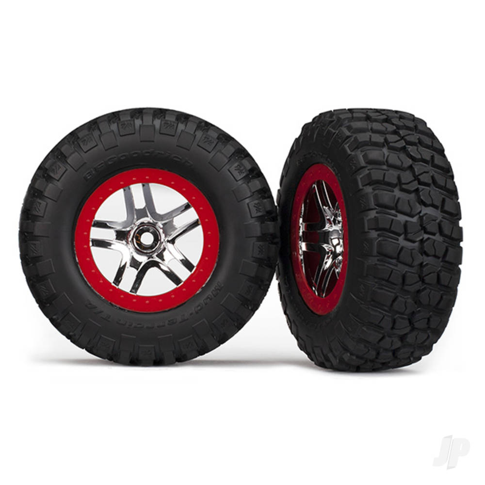 Traxxas Tyre & wheel assembled, glued (SCT Split-Spoke, chrome red beadlock wheels, BFGoodrich Mud-Terrain T/A KM2 Tyres, inserts) (2) (2WD Front)