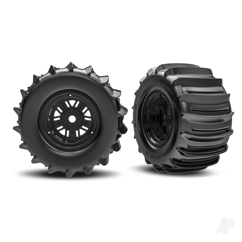 traxxas-wheels-tyres-assembled-glued-pro-scale-sand-car-race-black-wheels-belted-paddle-tyres-dual-profile-36-outer-47-inner-foam-inserts-rear-1-left-1-right