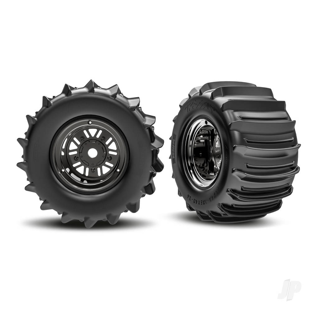 traxxas-wheels-tyres-assembled-glued-pro-scale-sand-car-race-black-chrome-wheels-belted-paddle-tyres-dual-profile-36-outer-47-inner-foam-inserts-rear-1-left-1-right