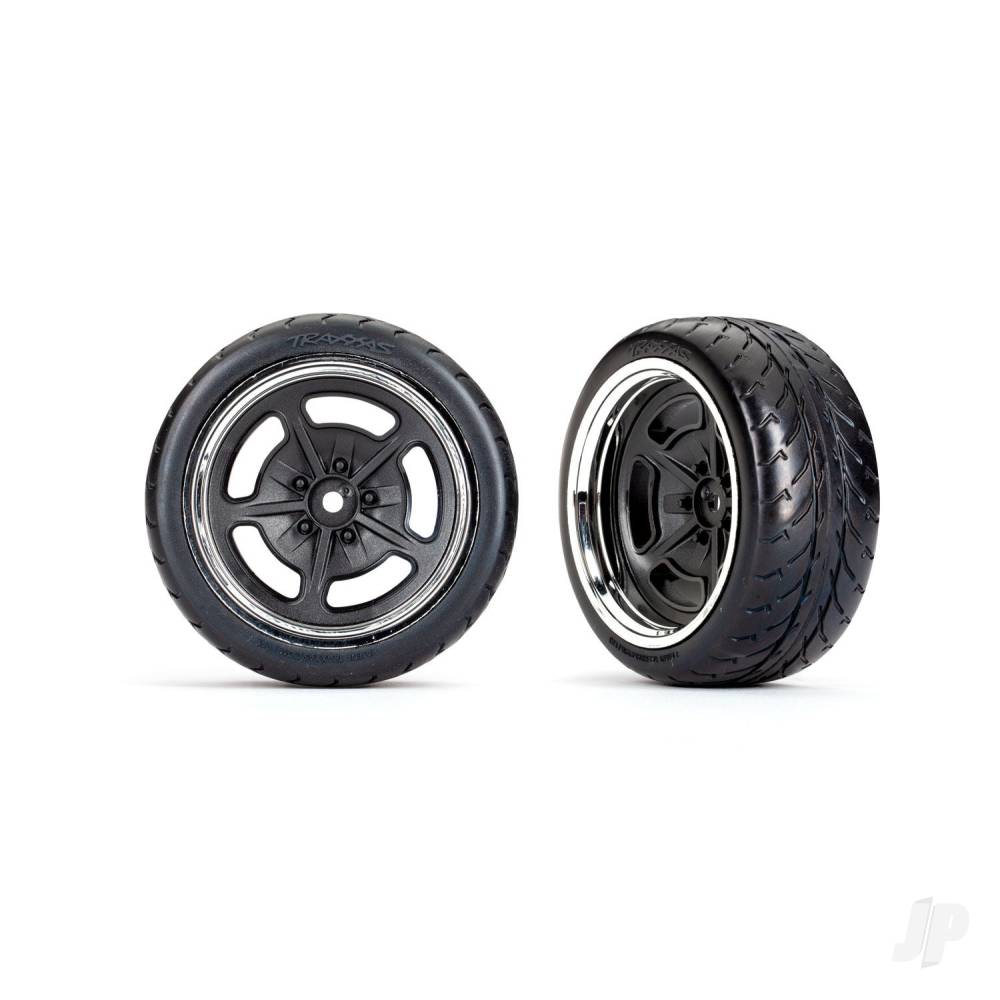 Traxxas Tyres & Wheels, Assembled, Glued (Black with Chrome wheels, 1.9' Response tyres) (extra wide, rear) (2)