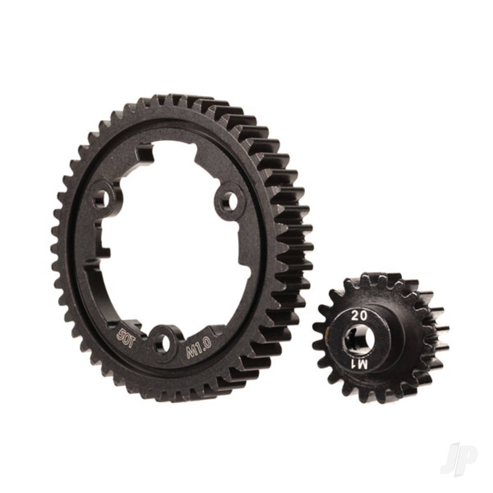 traxxas-spur-gear-50-tooth-machined-hardened-steel-wide-face-20-t-pinion-10-metric-pitch-fits-5mm-shaft-set-screw