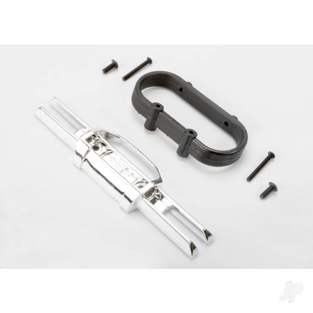 Traxxas Bumper, Rear (Chrome) / bumper mount, Rear / 4x10mm BCS (2 pcs) / 3x25mm BCS (2 pcs)