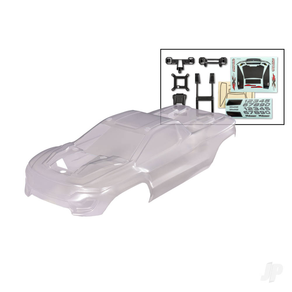 Traxxas Body, Mini XRT (clear, requires painting) / window masks / decal sheet (includes front & rear body latches, hardware) (for clipless mounting)