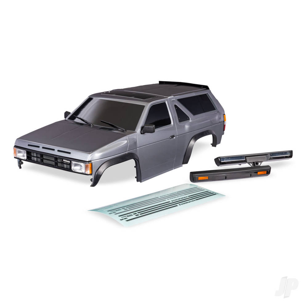 traxxas-body-nissan-pathfinder-1988-complete-silver-painted-decals-applied-includes-grille-side-mirrors-door-handles-windshield-wipers-front-rear-bumpers-clipless-mounting-requires-8080x-inner-fenders