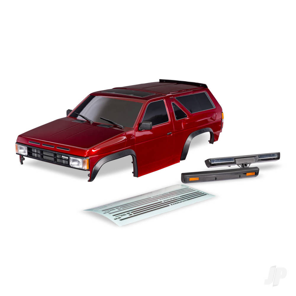 traxxas-body-nissan-pathfinder-1988-complete-red-painted-decals-applied-includes-grille-side-mirrors-door-handles-windshield-wipers-front-rear-bumpers-clipless-mounting-requires-8080x-inner-fenders