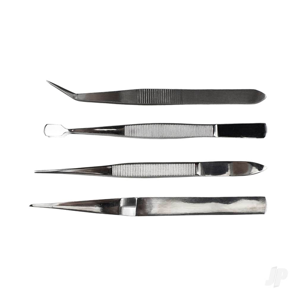 4-Piece Stainless Steel Tweezer Set with Pointed, Self Closing, Stamp, Curved (4 pcs) (Pouch)