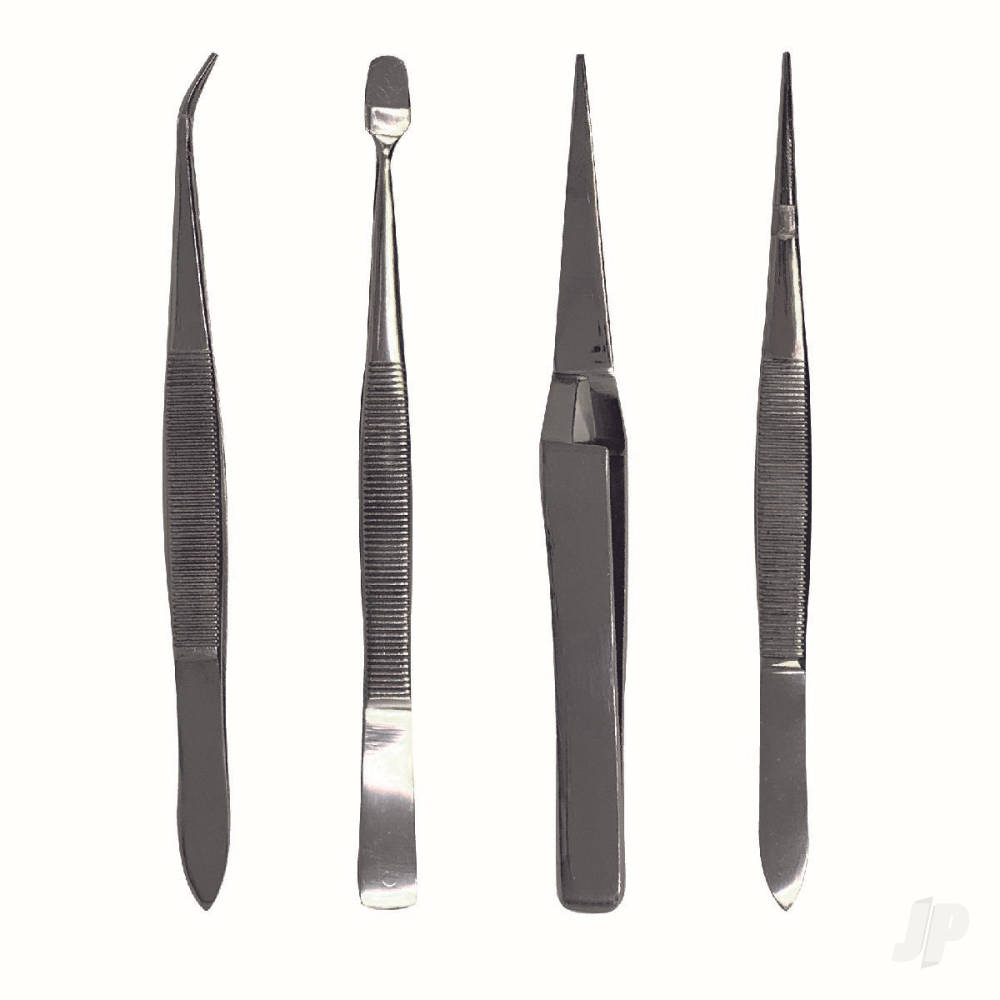 4-Piece Stainless Steel Tweezer Set with Pointed, Self Closing, Stamp, Curved (4 pcs) (Pouch)-4