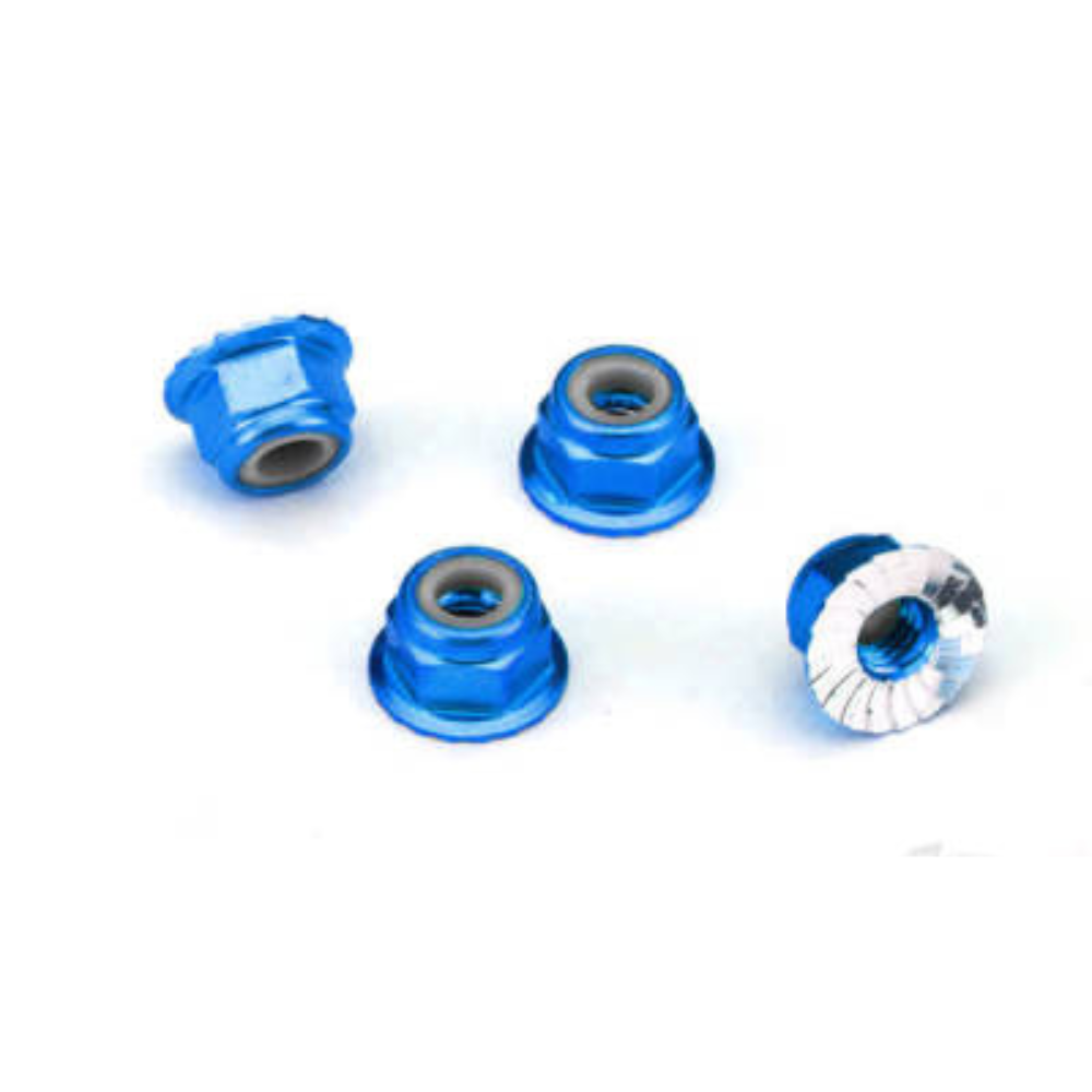 Traxxas Nuts, aluminium, flanged, serrated (4mm) (Blue-anodised) (4 pcs)