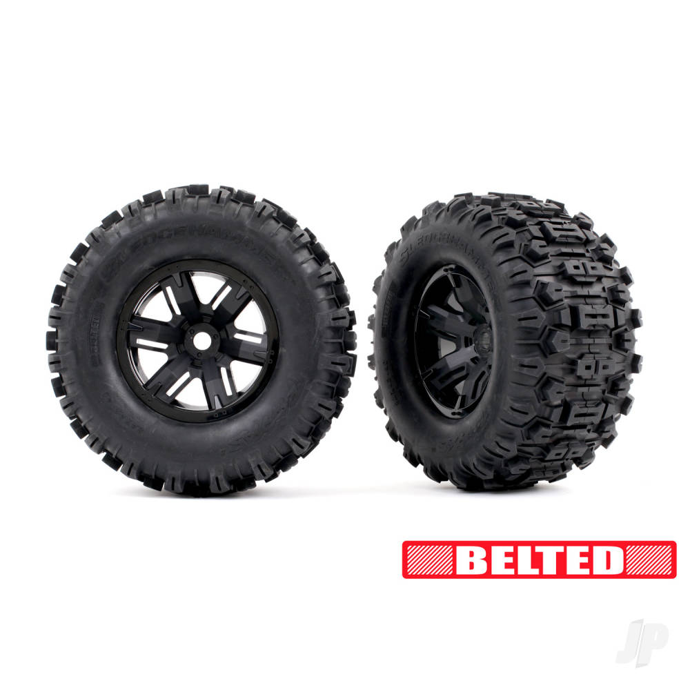 traxxas-tyres-and-wheels-assembled-glued-x-maxx-black-wheels-sledgehammer-belted-tyres-dual-profile-4-3in-outer-5-7in-inner-foam-inserts-left-and-right