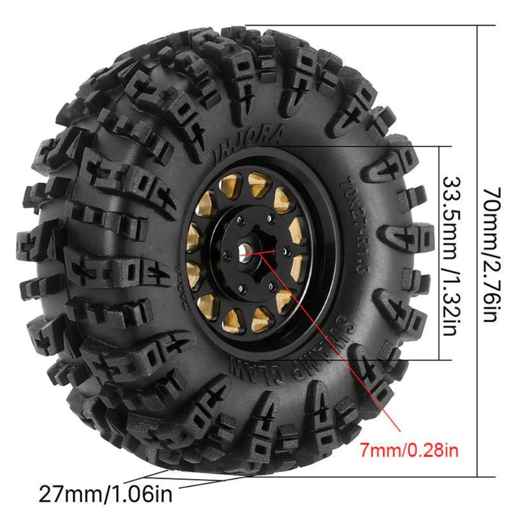 INJORA 1.3" 70*27mm Brass Wheels With Swamp Claw Tires For 1/18 1/24 RC Crawler (W1301)-4