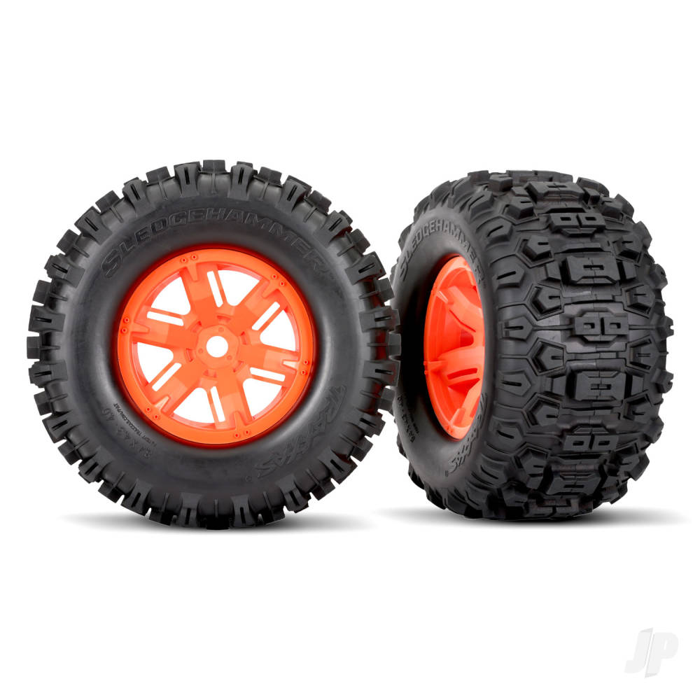 traxxas-tyres-wheels-assembled-glued-x-maxx-orange-wheels-sledgehammer-tyres-foam-inserts-left-right-2-pcs