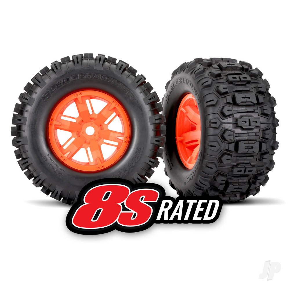 traxxas-tyres-wheels-assembled-glued-x-maxx-orange-wheels-sledgehammer-tyres-foam-inserts-left-right-2-pcs