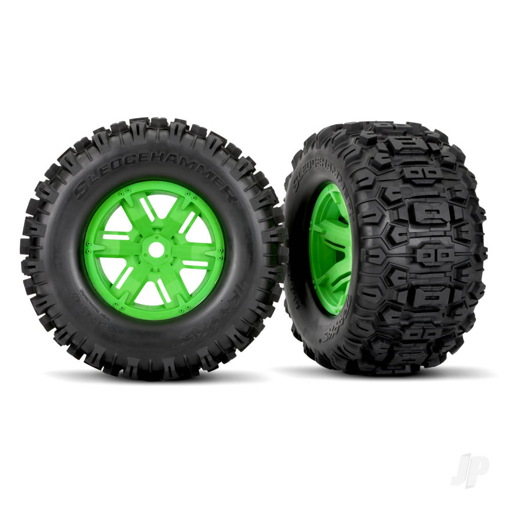 traxxas-tyres-wheels-assembled-glued-x-maxx-green-wheels-sledgehammer-tyres-foam-inserts-left-right-2-pcs