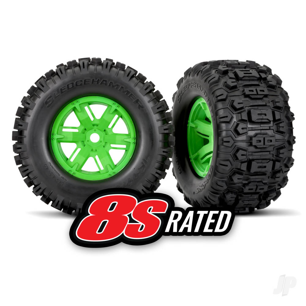 traxxas-tyres-wheels-assembled-glued-x-maxx-green-wheels-sledgehammer-tyres-foam-inserts-left-right-2-pcs