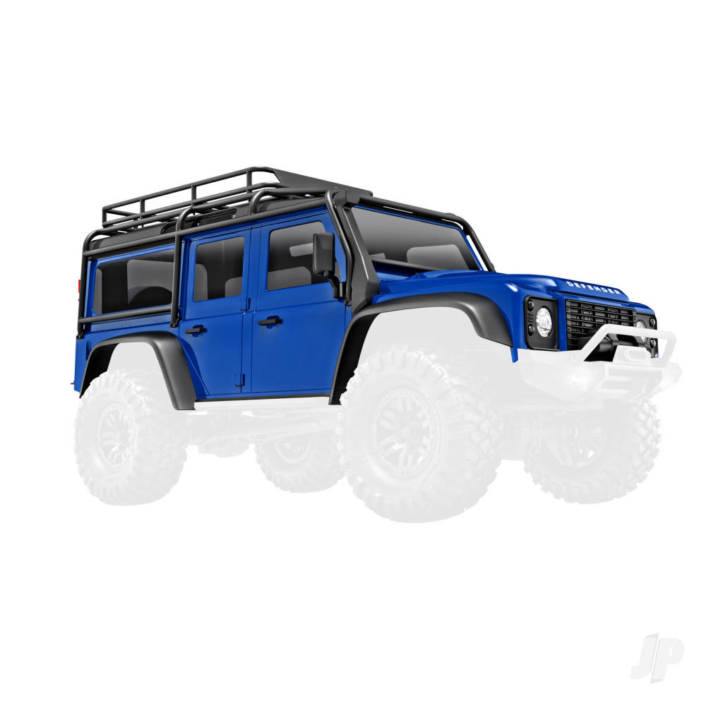 traxxas-body-land-rover-defender-complete-blue-includes-grille-side-mirrors-door-handles-fender-flares-windshield-wipers-spare-tyre-mount-clipless-mounting