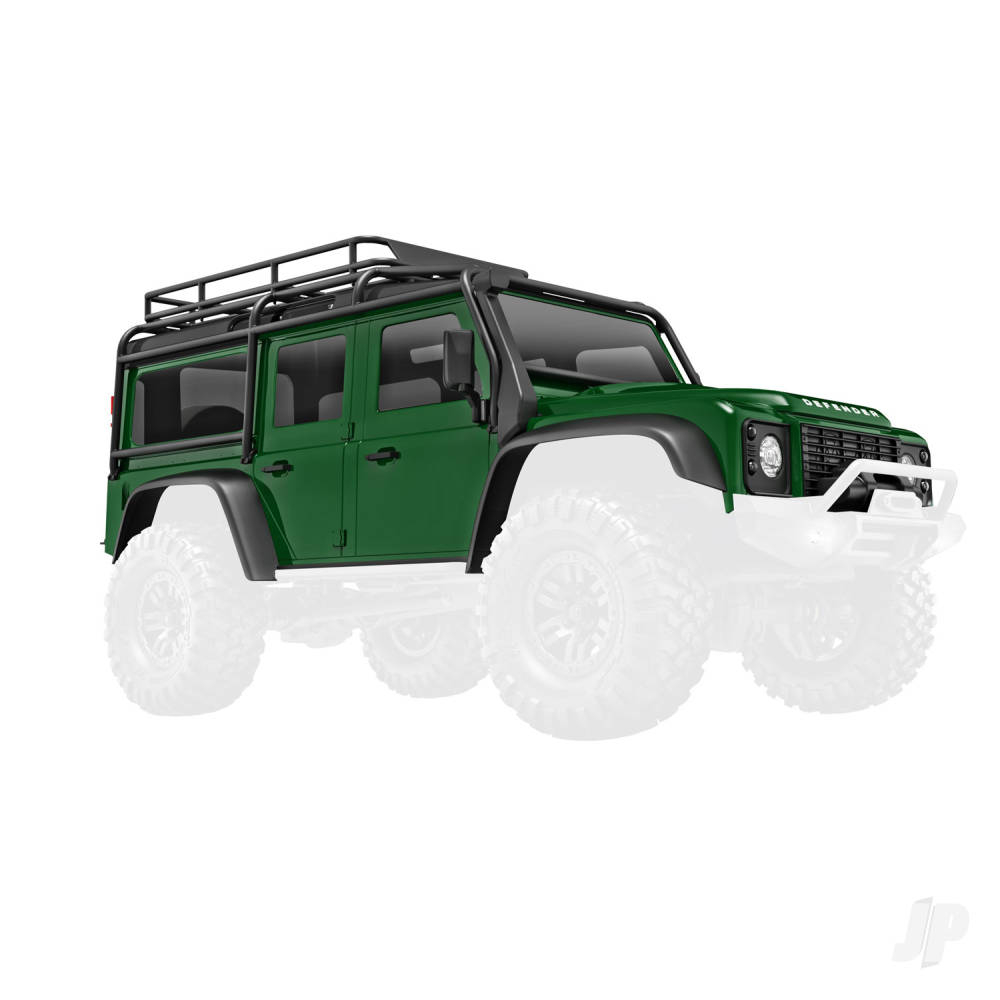 traxxas-body-land-rover-defender-complete-green-includes-grille-side-mirrors-door-handles-fender-flares-windshield-wipers-spare-tyre-mount-clipless-mounting