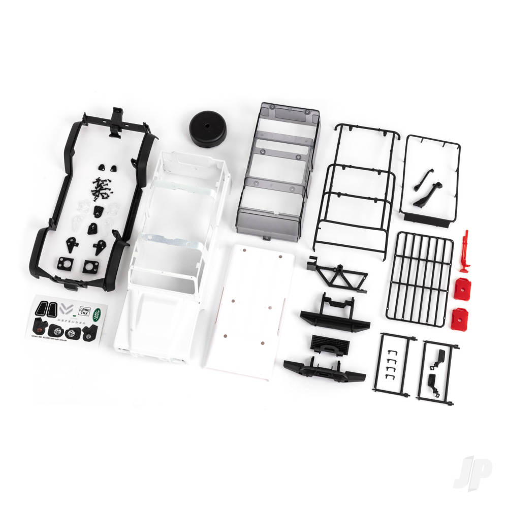 traxxas-body-land-rover-defender-complete-white-requires-painting-includes-grille-side-mirrors-door-handles-fender-flares-fuel-canisters-jack-spare-tyre-mount-clipless-mounting