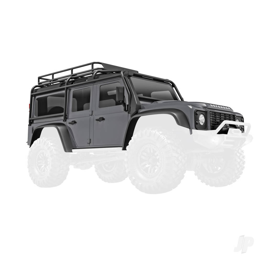 traxxas-body-land-rover-defender-complete-silver-includes-grille-side-mirrors-door-handles-fender-flares-windshield-wipers-spare-tyre-mount-clipless-mounting