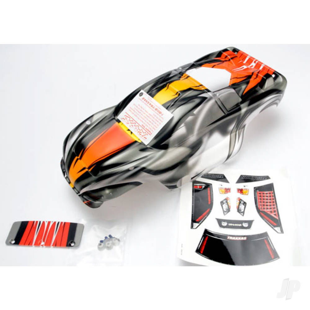 Traxxas Body, Nitro Rustler, ProGraphix (Replacement for the painted Body. Graphics are painted, requires paint & final colour application.) / window, grille, lights decal sheet / wing and aluminium hardware