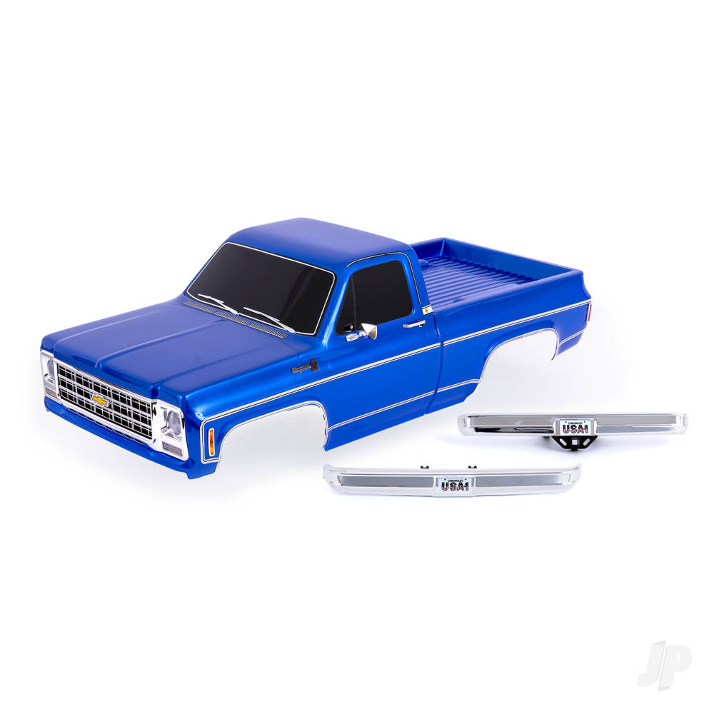 traxxas-body-chevrolet-k10-truck-1979-complete-blue-painted-decals-applied-includes-grille-side-mirrors-door-handles-windshield-wipers-front-rear-bumpers-clipless-mounting-requires-9288-inner-fenders