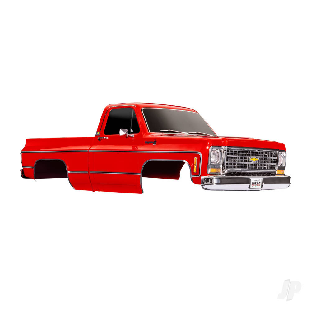 traxxas-body-chevrolet-k10-truck-1979-complete-red-painted-decals-applied-includes-grille-side-mirrors-door-handles-windshield-wipers-clipless-mounting-requires-9288-inner-fenders