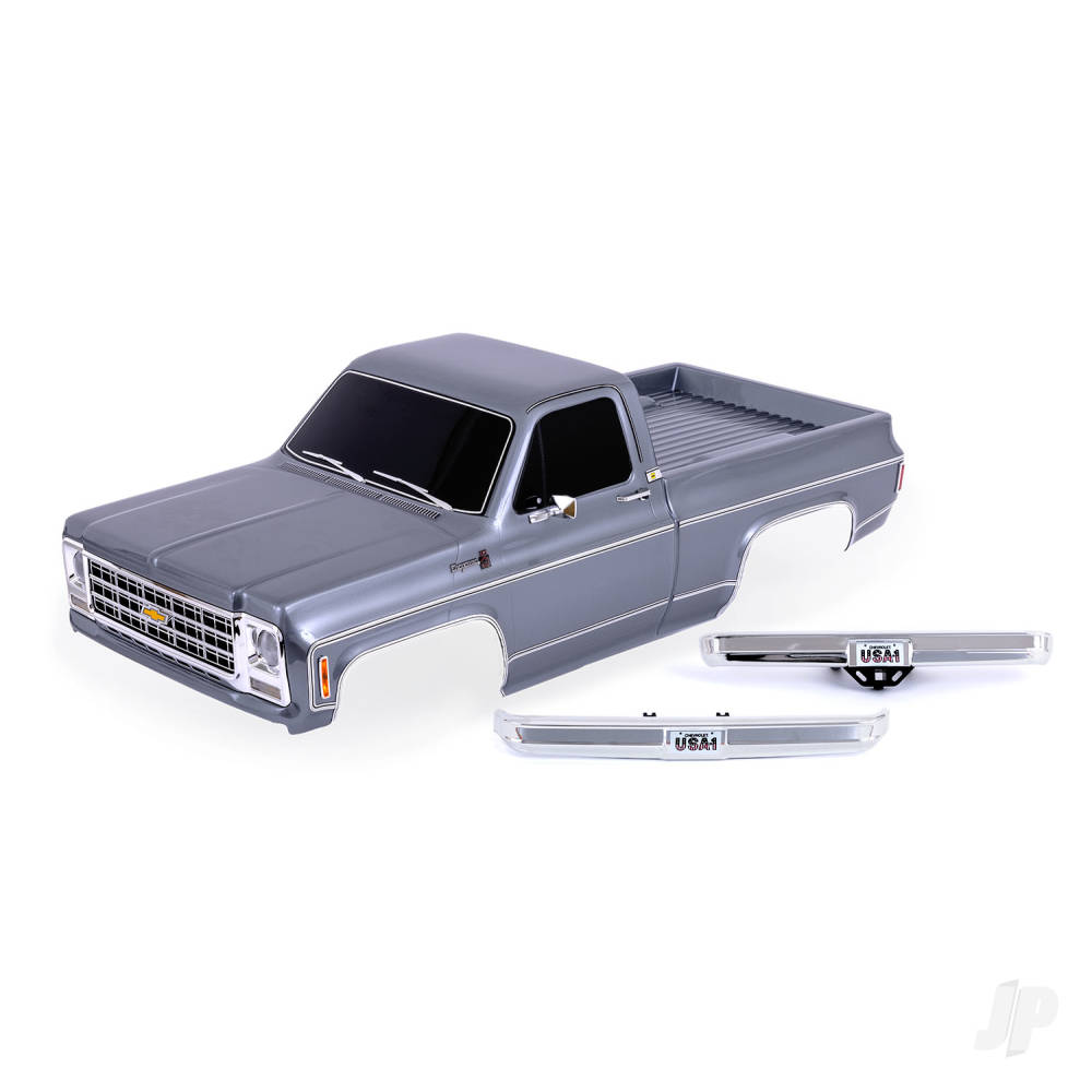 traxxas-body-chevrolet-k10-truck-1979-complete-silver-painted-decals-applied-includes-grille-side-mirrors-door-handles-windshield-wipers-front-rear-bumpers-clipless-mounting-requires-9288-inner-fenders