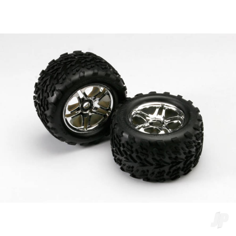 Traxxas Tyres & wheels, assembled, glued (SS (Split Spoke) chrome wheels, Talon Tyres, foam inserts) (2) (use w/17mm splined wheel hubs & nuts, part #5353X)