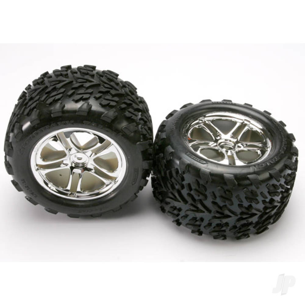Traxxas Tyres & wheels, assembled, glued (SS (Split Spoke) chrome wheels, Talon Tyres, foam inserts) (2) (fits Maxx/Revo series)