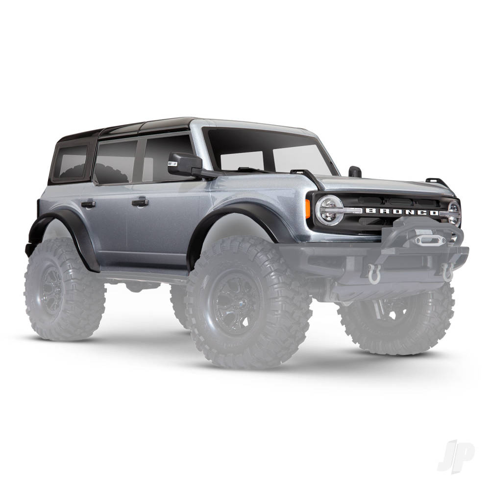 traxxas-body-ford-bronco-2021-complete-iconic-silver-painted-includes-grille-side-mirrors-door-handles-fender-flares-windshield-wipers-spare-tyre-mount-clipless-mounting-requires-8080x-inner-fenders