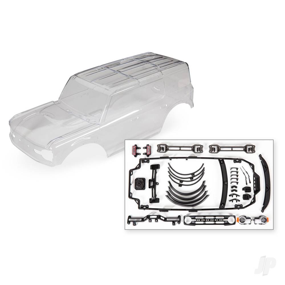 Traxxas Body, Ford Bronco (2021) (Clear, requires painting) / decals / window masks (includes grille, side mirrors, door handles, fender flares, windshield wipers, spare tyre mount, clipless mounting, hardware) (requires #8080X inner fenders)