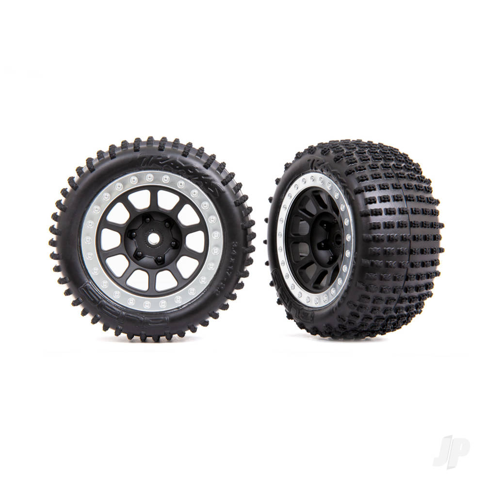 traxxas-tyres-wheels-assembled-22-black-satin-chrome-beadlock-wheels-alias-22-tyres-2-bandit-rear-medium-compound-with-foam-inserts