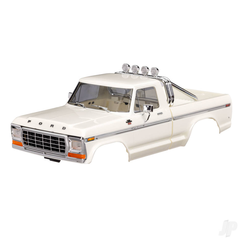 traxxas-body-ford-f-150-truck-1979-complete-white-includes-grille-side-mirrors-door-handles-roll-bar-windshield-wipers-side-trim-clipless-mounting-requires-9834-front-rear-bumpers