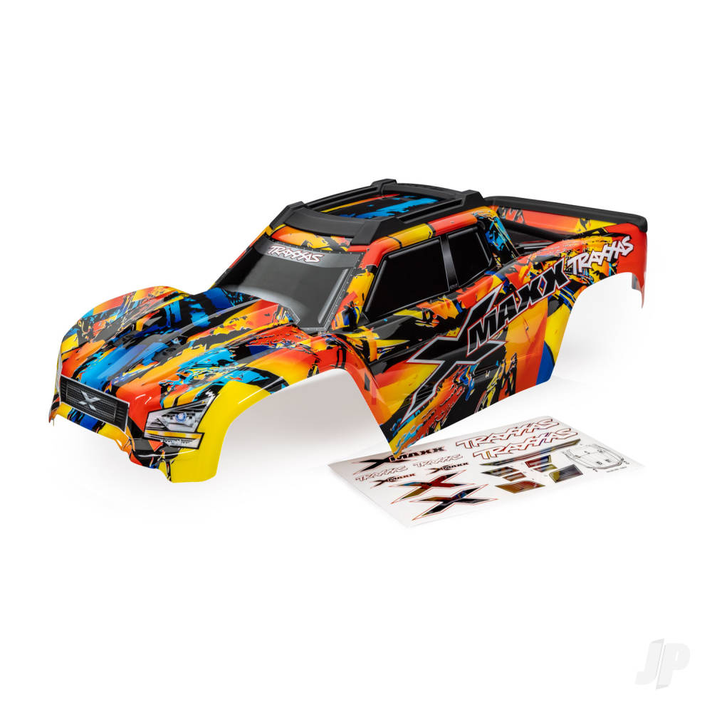 traxxas-body-x-maxx-solar-flare-painted-decals-applied-assembled-with-front-rear-body-mounts-roof-skid-plate-rear-body-support-and-tailgate-protector