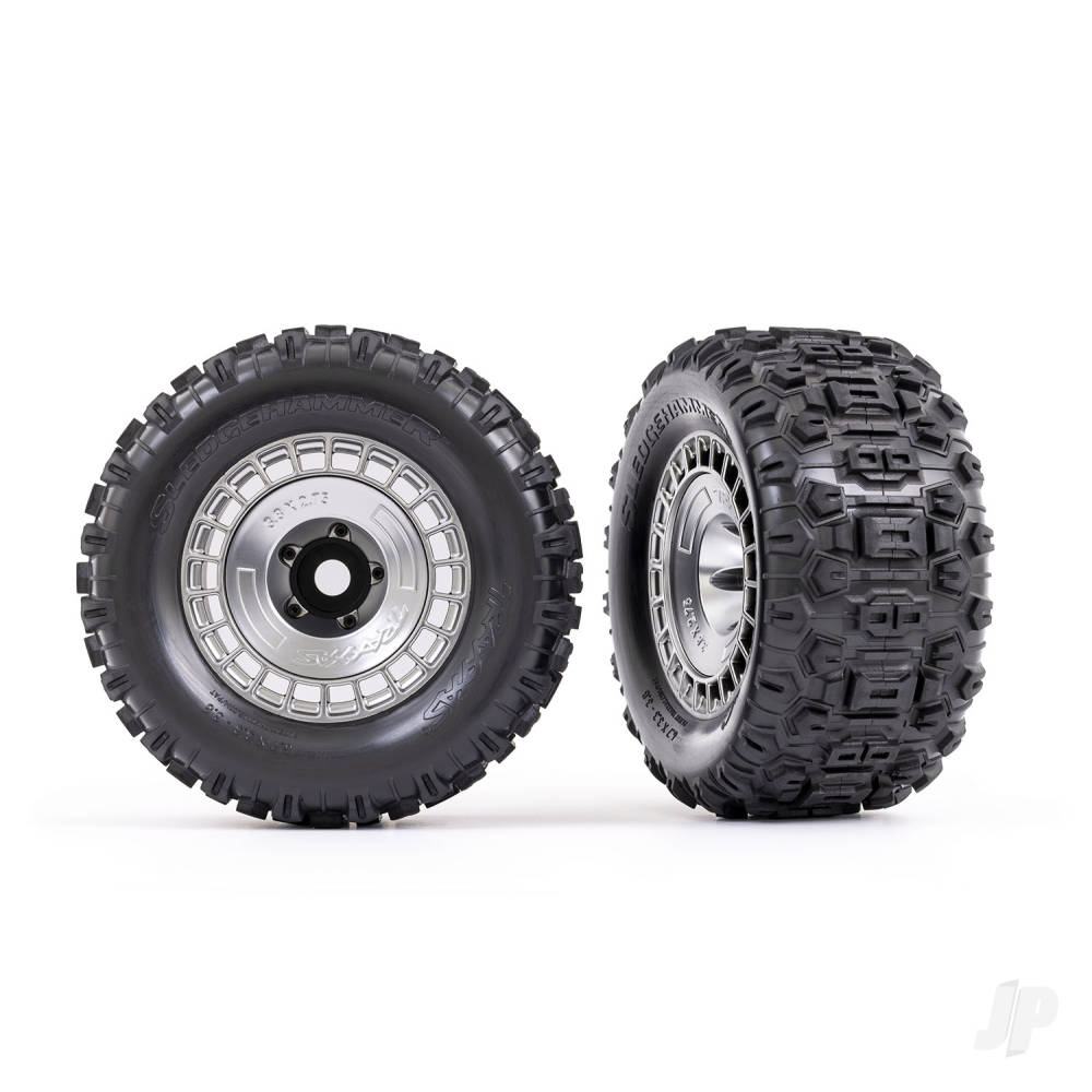 traxxas-tyres-wheels-assembled-glued-38in-satin-chrome-wheels-satin-chrome-wheel-covers-sledgehammer-tyres-foam-inserts-2-pcs