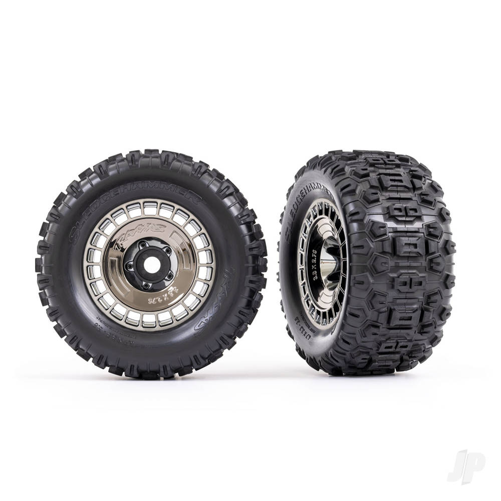 traxxas-tyres-wheels-assembled-glued-38in-black-chrome-wheels-black-chrome-wheel-covers-sledgehammer-tyres-foam-inserts-2-pcs