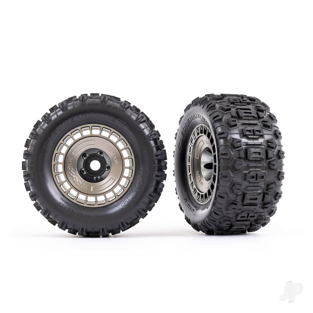 traxxas-tyres-wheels-assembled-glued-38in-satin-black-chrome-wheels-satin-black-chrome-wheel-covers-sledgehammer-tyres-foam-inserts-2-pcs