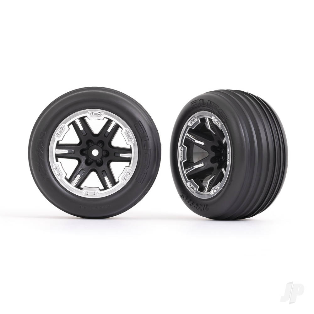 traxxas-tyres-wheels-assembled-glued-28in-rxt-black-satin-wheels-ribbed-tyres-foam-inserts-electric-front-2-pcs