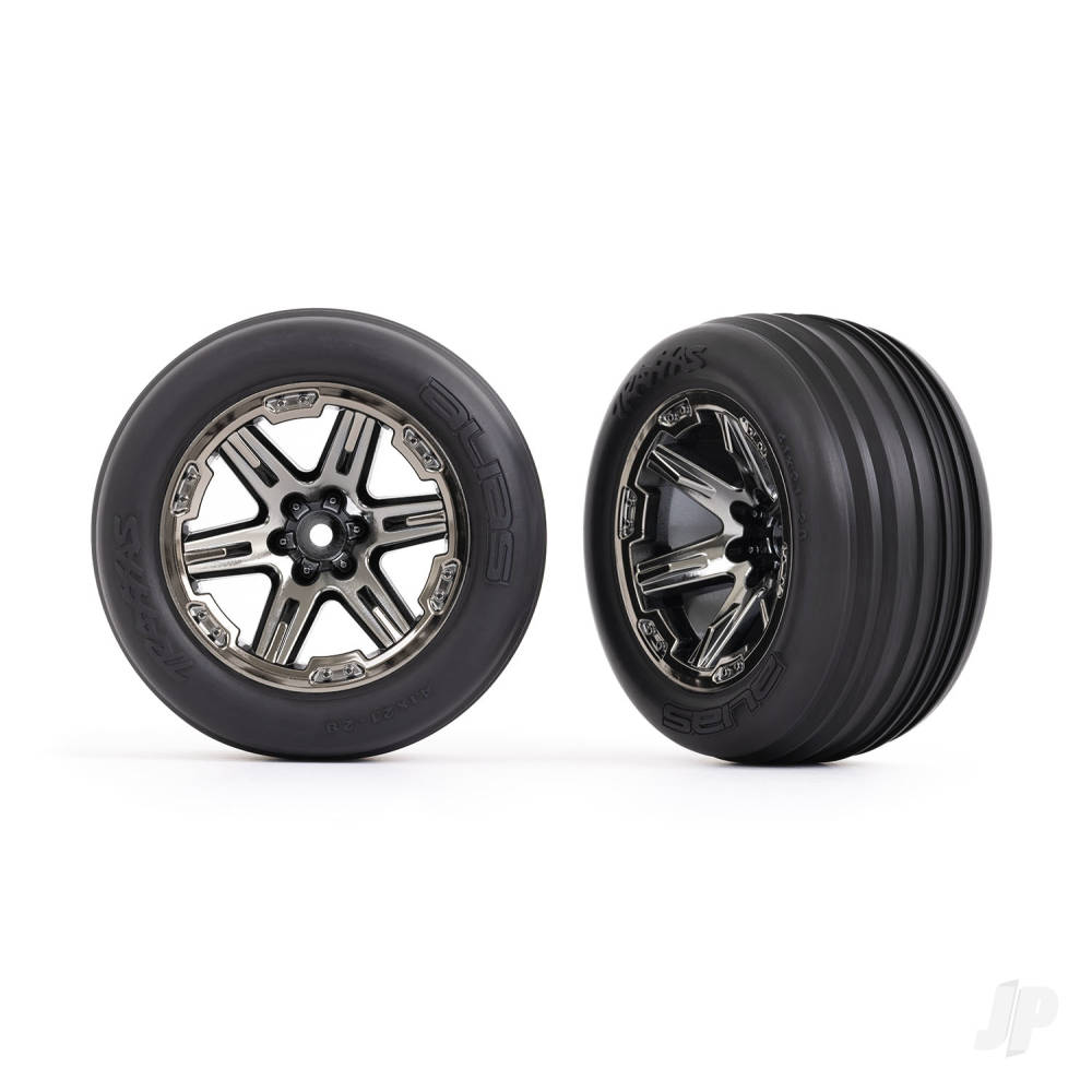traxxas-tyres-wheels-assembled-glued-28in-rxt-black-chrome-wheels-ribbed-tyres-foam-inserts-electric-front-2-pcs