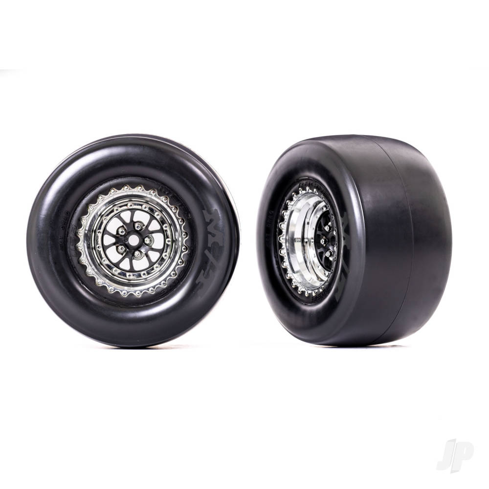 Traxxas Tyres & Wheels, Assembled, Glued (Weld Chrome with Black wheels, Mickey Thompson ET Drag Slicks, smoke, foam inserts) (rear) (2 pcs)