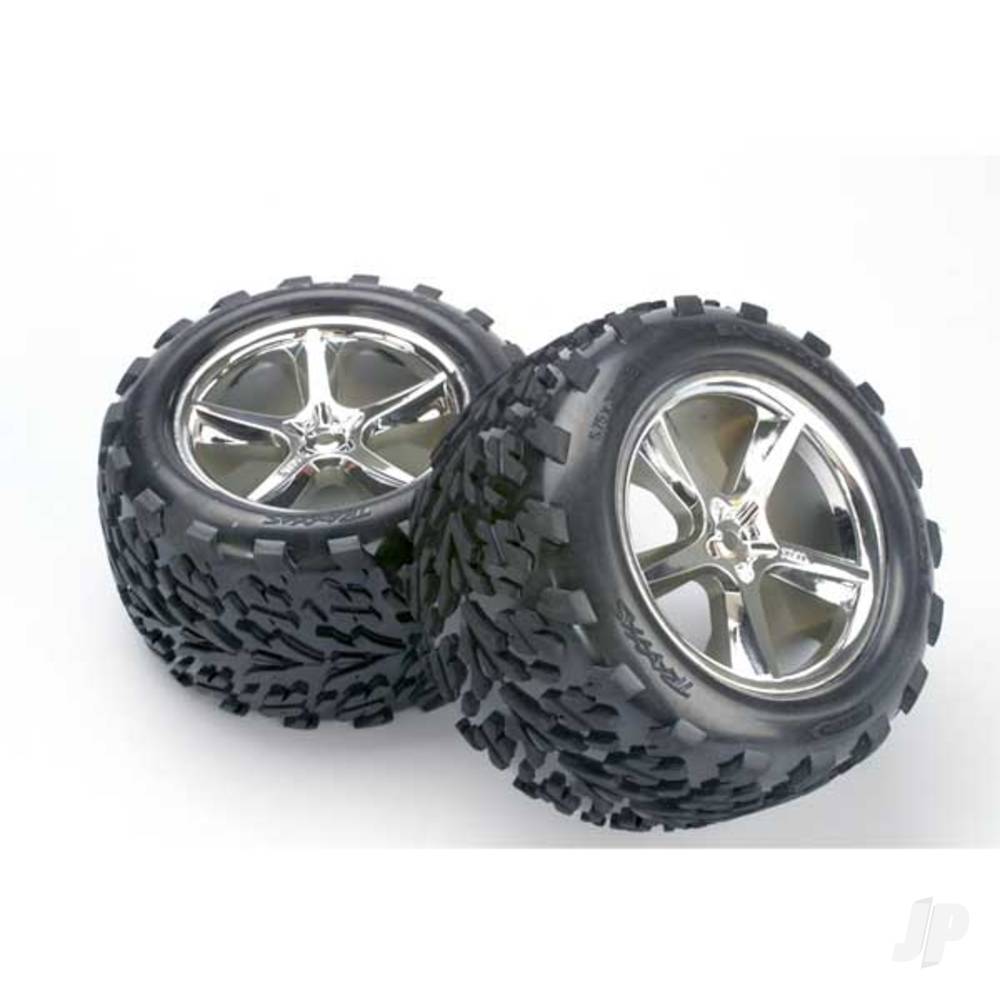 Traxxas Tyres & wheels, assembled, glued (Gemini chrome wheels, Talon Tyres, foam inserts) (2) (also fits Maxx series)