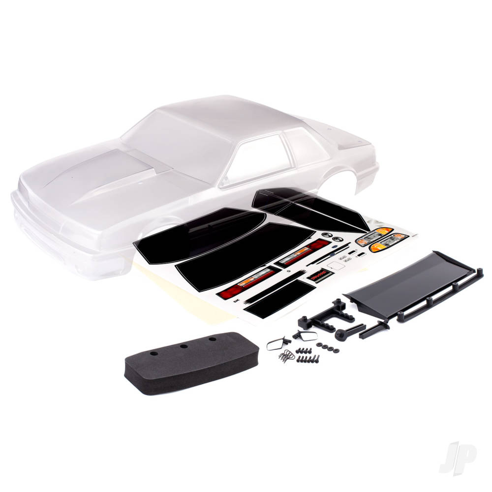 Traxxas Body, Ford Mustang, Fox Body (Clear, requires painting) / window masks / decal sheet