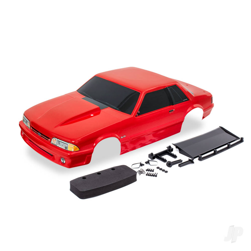 Traxxas Body, Ford Mustang, Fox Body, Red (painted, decals applied) (includes side mirrors, wing, wing retainer, rear body mount posts, foam body bumper, & mounting hardware)