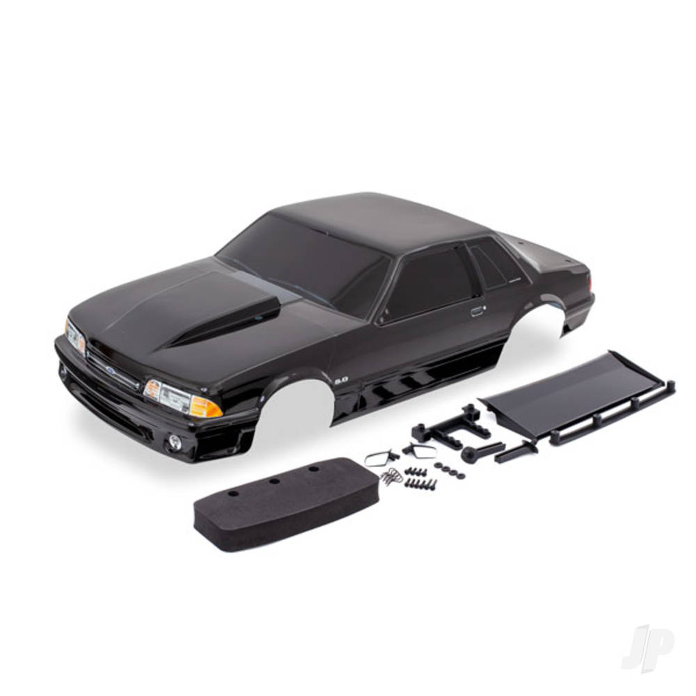 Traxxas Body, Ford Mustang, Fox Body, Black (painted, decals applied) (includes side mirrors, wing, wing retainer, rear body mount posts, foam body bumper, & mounting hardware)