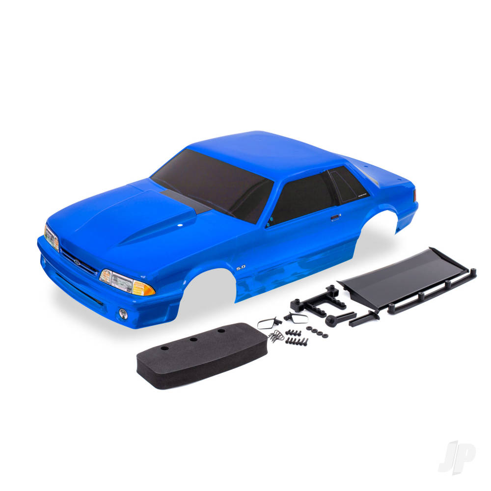 Traxxas Body, Ford Mustang, Fox Body, Blue (includes side mirrors, wing, wing retainer, rear body mount posts, foam body bumper, & mounting hardware)