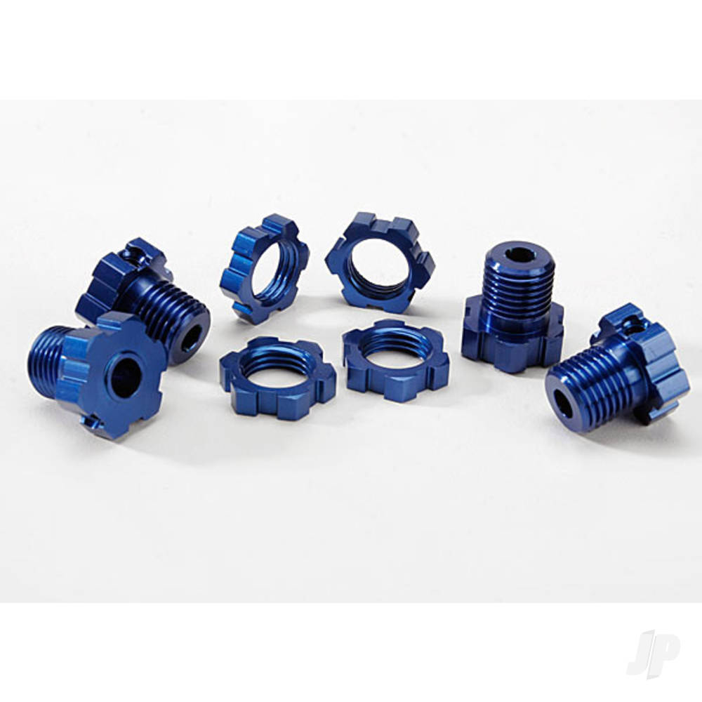 Traxxas Wheel Hubs, Splined, 17mm (Blue-anodised) (4 pcs) / wheel nuts, splined, 17mm (Blue-anodised) (4 pcs) / screw pins, 4x13mm (with threadlock) (4 pcs)
