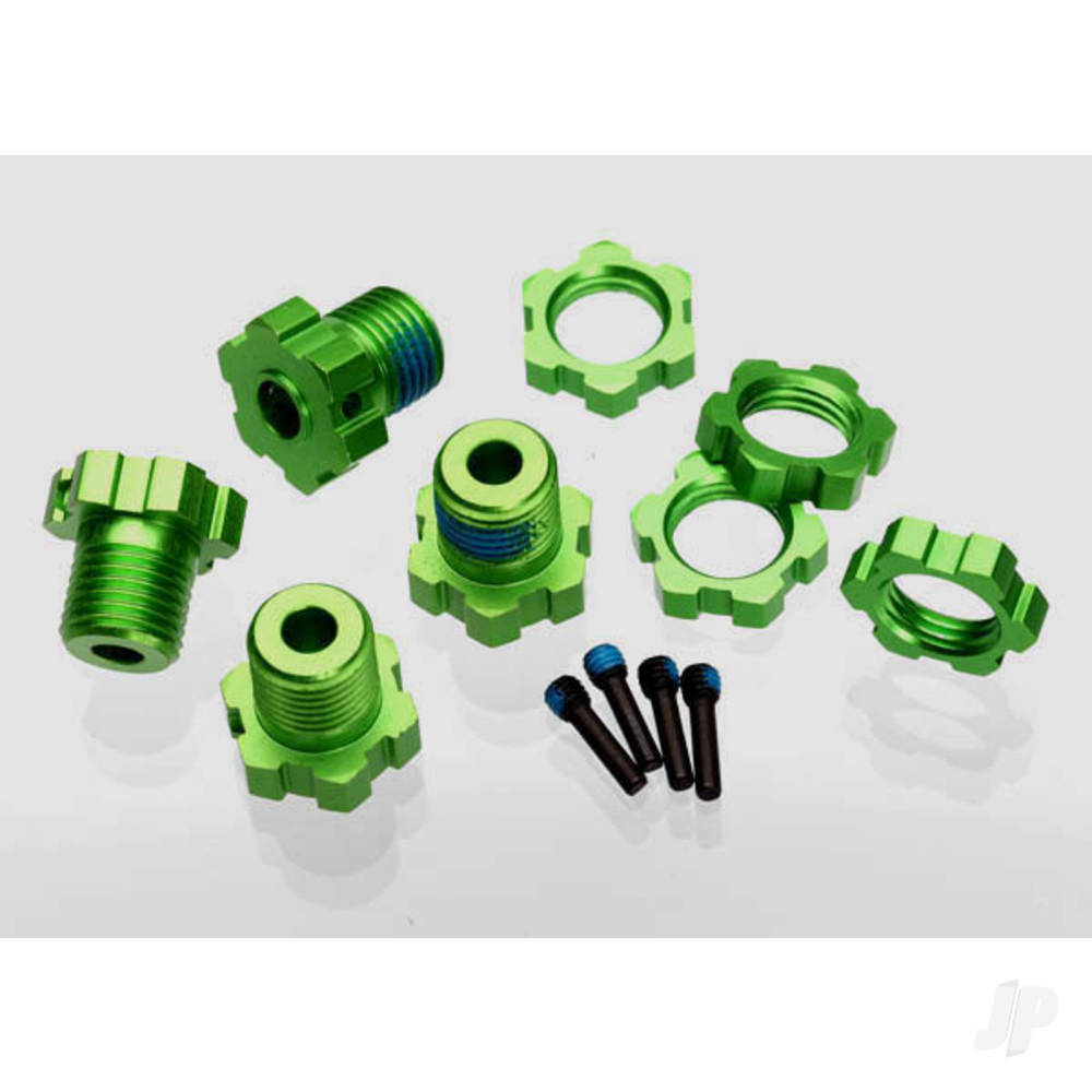 Traxxas Wheel Hubs, Slined, 17mm (Green-anodised) (4 pcs) / wheel nuts, splined, 17mm (Blue-anodised) (4 pcs) / screw pins, 4x13mm (with threadlock) (4 pcs)